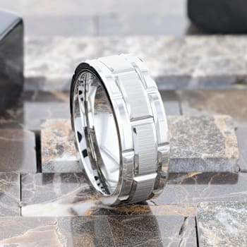 WARWICK Beveled Tungsten Carbide Wedding Band with Brush Finished Center
and Alternating Grooves 8mm