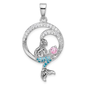 Rhodium Over Sterling Silver Polished and Antiqued Cubic Zirconia
Mermaid Pendant