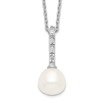 Rhodium Over Sterling Silver 7-8mm White Freshwater Cultured Pearl Cubic
Zirconia Necklace