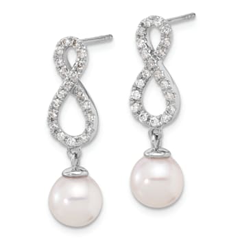 Rhodium Over 14K White Gold 7-8mm White Akoya Cultured Pearl and 0.40ctw
Diamond Post Earrings