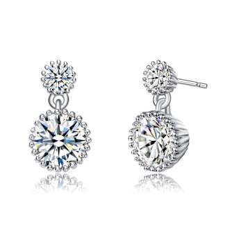 Two-Stone CZ Milgrain Drop Earrings In White Rhodium Over Brass