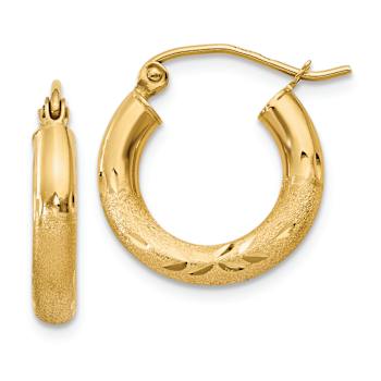 14k Yellow Gold Satin and Diamond-cut 5/8" Round Hoop Earrings