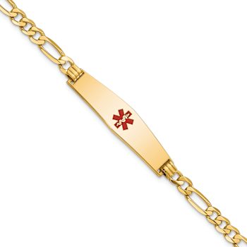 14k Yellow Gold Medical Soft Diamond Shape Red Enamel Flat Figaro Link
ID Bracelet