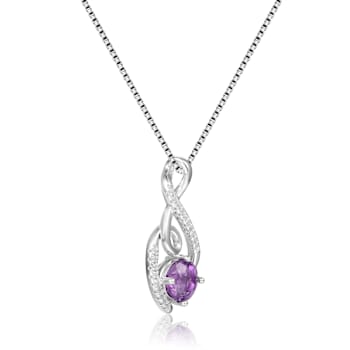 Round Amethyst and White Sapphire Sterling Silver Pendant With Chain