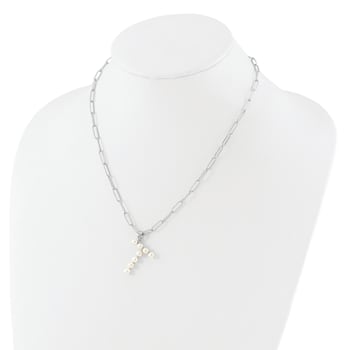Rhodium Over Sterling Silver 3-5.5mm Freshwater Cultured Pearl LETTER T
18-inch Necklace