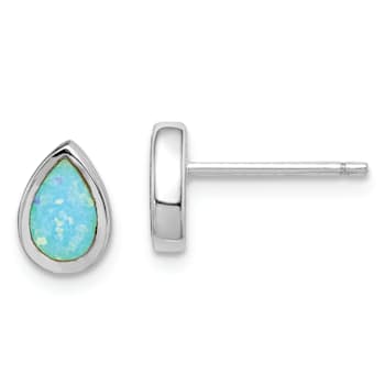 Rhodium Over Sterling Silver Polished Blue Created Opal Teardrop Stud Earrings