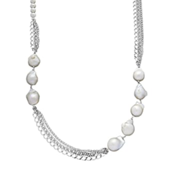 14-16mm Baroque White Freshwater Pearl Sterling Silver Station Necklace