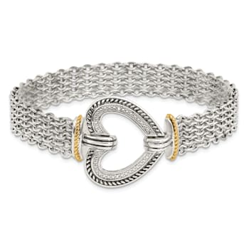 Sterling Silver with 14K Gold Over Sterling Silver Oxidized Diamond
Heart Bracelet