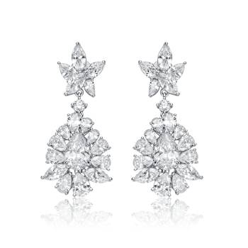 CZ Snowflake Cluster Drop Earrings In White Rhodium Over Brass
