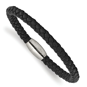 Black Leather and Stainless Steel Polished 8.5-inch Bracelet