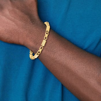 14K Yellow Gold Polished and Grooved Fancy Link Men's Bracelet