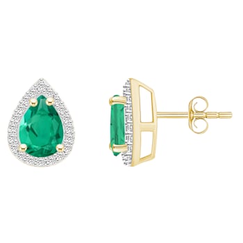 7x5mm Pear Shape Created Emerald And Created White Sapphire 10k Yellow
Gold Halo Stud Earrings