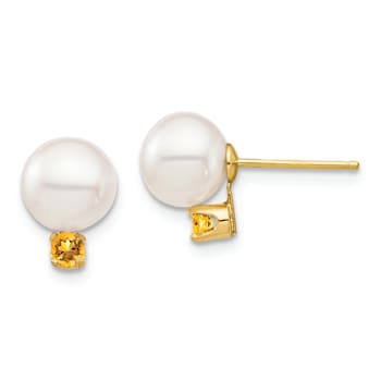 14K Yellow Gold 7-7.5mm White Round Freshwater Cultured Pearl Citrine
Post Earrings