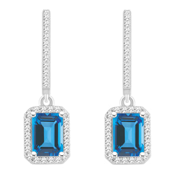 7x5mm Emerald Cut Blue Topaz 1/3 ctw Diamond Rhodium Over Sterling
Silver Halo Dangle Earrings