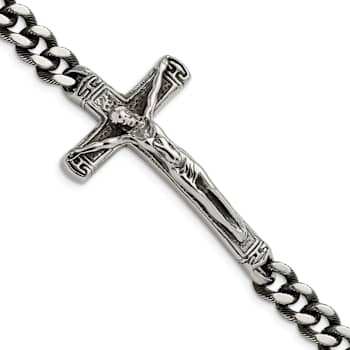 Stainless Steel Antiqued and Polished Crucifix Bracelet