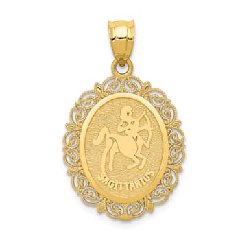 14k Yellow Gold Solid Satin, Polished and Textured Sagittarius Zodiac
Oval Pendant