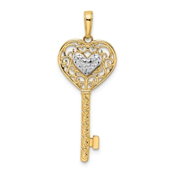 14K Two-tone Gold Diamond-Cut Filigree Heart Key Pendant