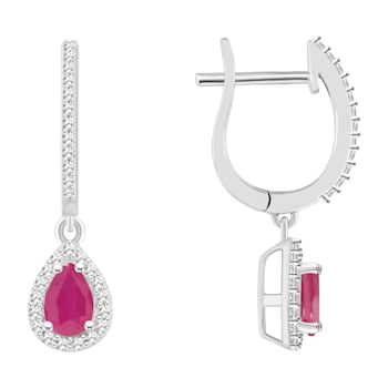 6x4mm Pear Shape Ruby 1/3 ctw Diamond Rhodium Over Sterling Silver Halo
Dangle Earrings