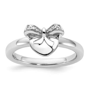 Rhodium Over Sterling Silver Stackable Heart with Bow Diamond Ring
