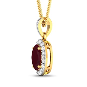 1.50ctw 14K Yellow Gold Ruby and White Diamond Pendant with 18 inch
Cable Chain