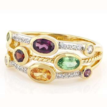 Multi-Garnet And White Zircon Ring In 18K Gold Over Sterling Silver 1.18ctw