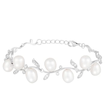 7-7.5mm White Cultured Freshwater Pearl Silver  Bracelet