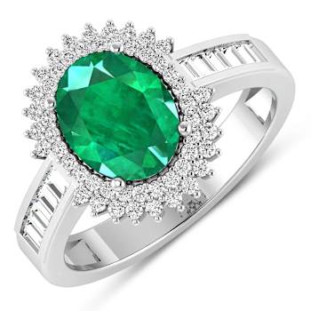 14K White Gold Green Emerald and White Diamond Oval Halo Ring 2.05ctw