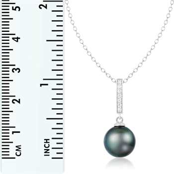 Black Cultured Tahitian Pearl and Diamond 14K White Gold Pendant 10-11mm