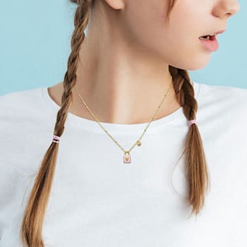 Children's Pink Enamel Lock and Heart Charm Necklace in 14K Yellow Gold
Over Sterling Silver
