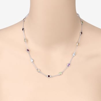 Multi Gemstone Rhodium Over Sterling Silver Station Necklace