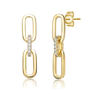 Clear Cubic Zirconia, 14k Gold Plated over Brass Triple Chain Drop Earrings
