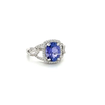 Rhodium Over Sterling Silver Oval Tanzanite and White Zircon Ring 2.38ctw