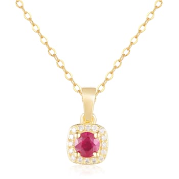Ruby and Moissanite 14K Yellow Gold Over Sterling Silver Halo Style
Pendant With Chain