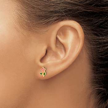 14k Yellow Gold Polished Children's Pink and Green Enameled Flower Stud Earrings