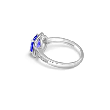 7mm Cushion Tanzanite and White CZ Rhodium Over Sterling Silver Ring, 1.43ctw