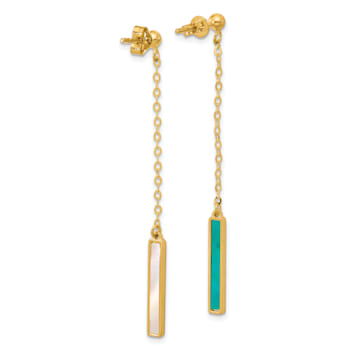 14K Yellow Gold Teal Color MOP Bar Dangle Post Earrings