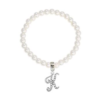 White Faux Pearl Bead Initial Charm Stretch Bracelet