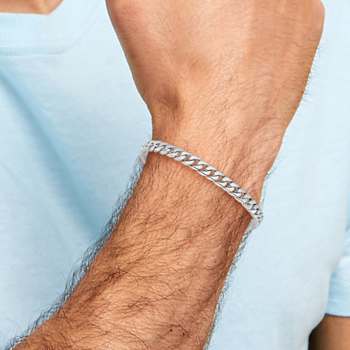 Rhodium Over 10k White Gold 6.8mm Hand Polished Flat Beveled Curb Link Bracelet