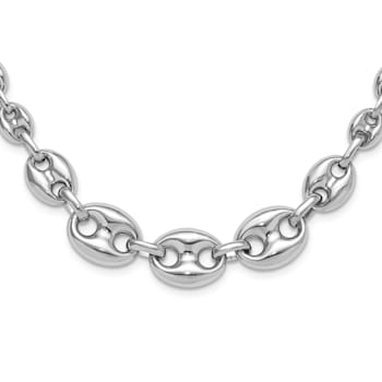 Rhodium Over Sterling Silver Hollow Graduated Marina Link 17-inch Necklace