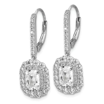 Rhodium Over Sterling Silver Emerald-cut Cubic Zirconia Halo Dangle
Leverback Earrings