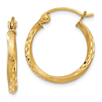 14k Yellow Gold Satin and Diamond-Cut Twisted 11/16" Hoop Earrings