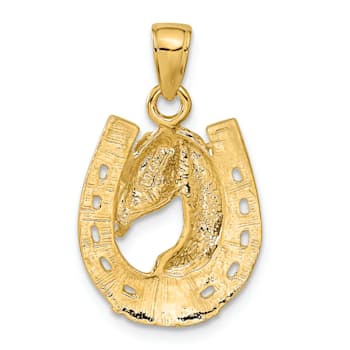 14K Yellow Gold Solid Polished Horse Head in Horseshoe Pendant