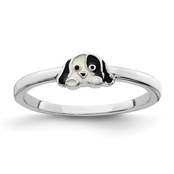 Rhodium Over Sterling Silver Black and White Enameled Puppy Children's Ring