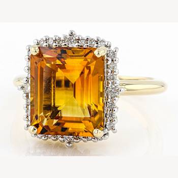 Citrine Rectangular Octagonal And White Diamond Ring In Solid 14K Yellow
Gold 5.53ctw