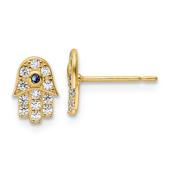 14K Yellow Gold Cubic Zirconia and Blue Glass Stone Hamsa Stud Earrings