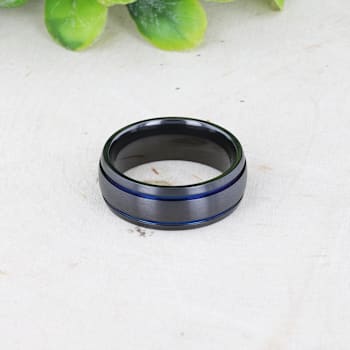 SHERIFF Domed Black Titanium Brushed Finish Men’s Wedding Ring with Blue
Grooves 8mm