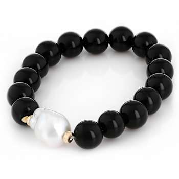 Cultured Freshwater Pearl And Black Agate Stretch Bracelet In Solid 14K
Yellow Gold 12mm