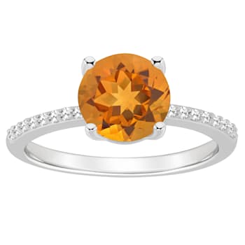 8mm Round Citrine and 1/10 ctw Diamond Rhodium Over Sterling Silver Ring