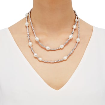 8-11mm Round White Freshwater Pearl and Sterling Silver Beads Station Necklace