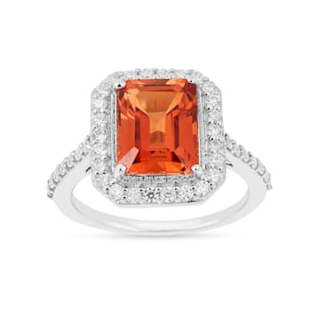 Peach Orange Lab Created Padparadscha Sapphire & Moissanite Rhodium
Over Silver Halo Ring